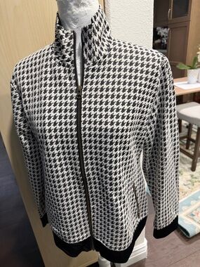 Chico's Black & White Houndstooth Zip-Front Bomber Jacket,classic satin lined